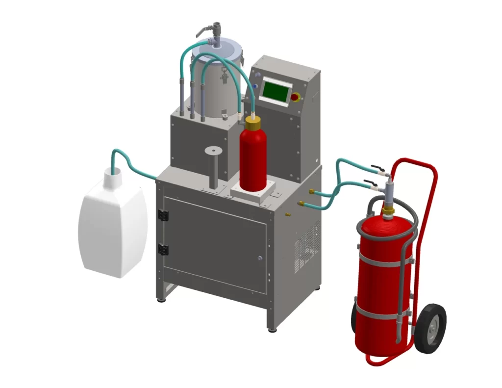 Sistema di riempimento estintori a polvere serie MAS predisposto Industria 4.0. Circa 250 estintori da 6 kg in 8 ore.