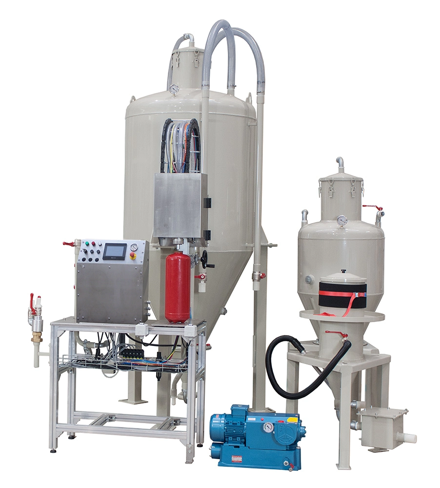 Impianto semiautomatico per il riempimento di estintori a polvere predisposto Industria 4.0. Fino a 1100 estintori da 6 kg in 8 ore.