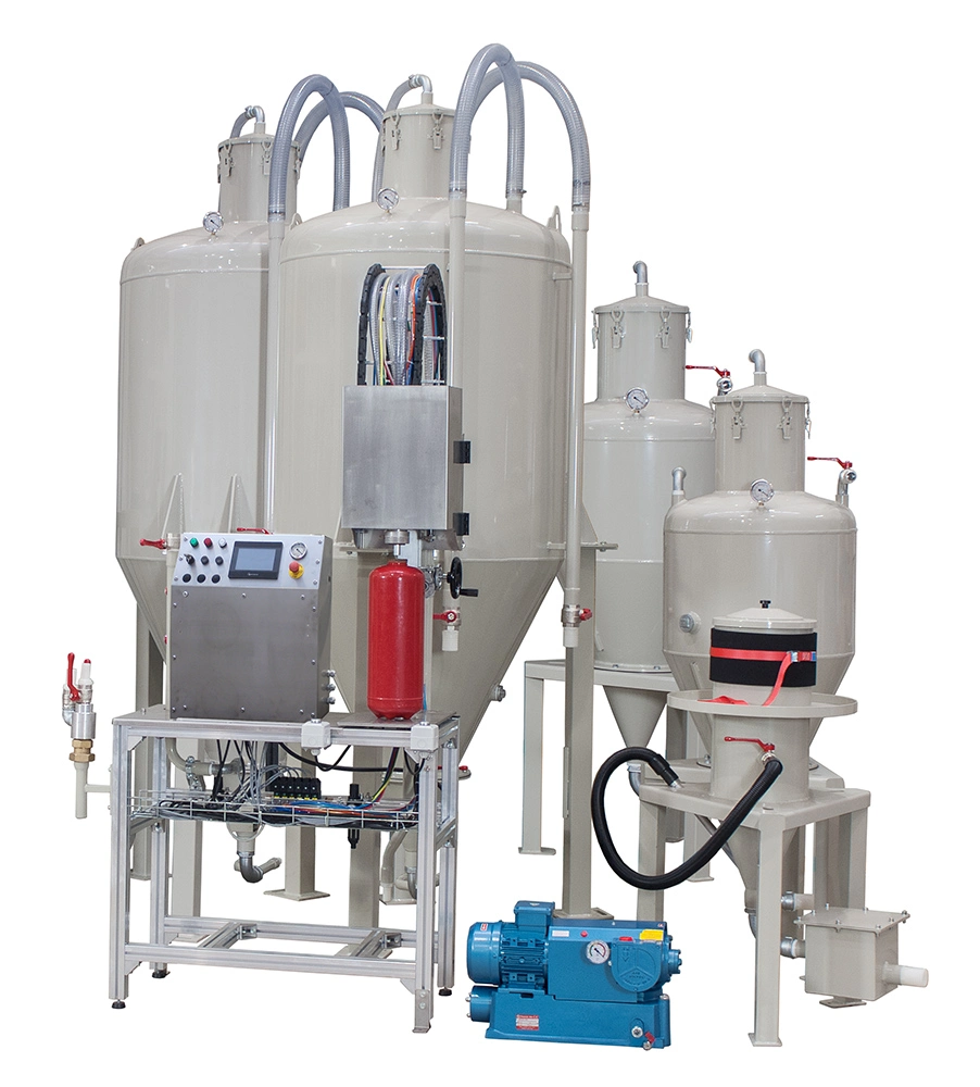 Impianto semiautomatico per il riempimento di estintori a polvere con gestione di due tipologie di polvere, predisposto Industria 4.0. Fino a 1100 estintori da 6 kg in 8 ore.