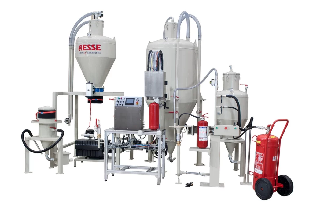 Impianto semiautomatico integrato per la revisione di estintori a polvere, fase riempimento ad un tipo di polvere, predisposto Industria 4.0. Revisione completa estintore 6 kg in 3/5 minuti.